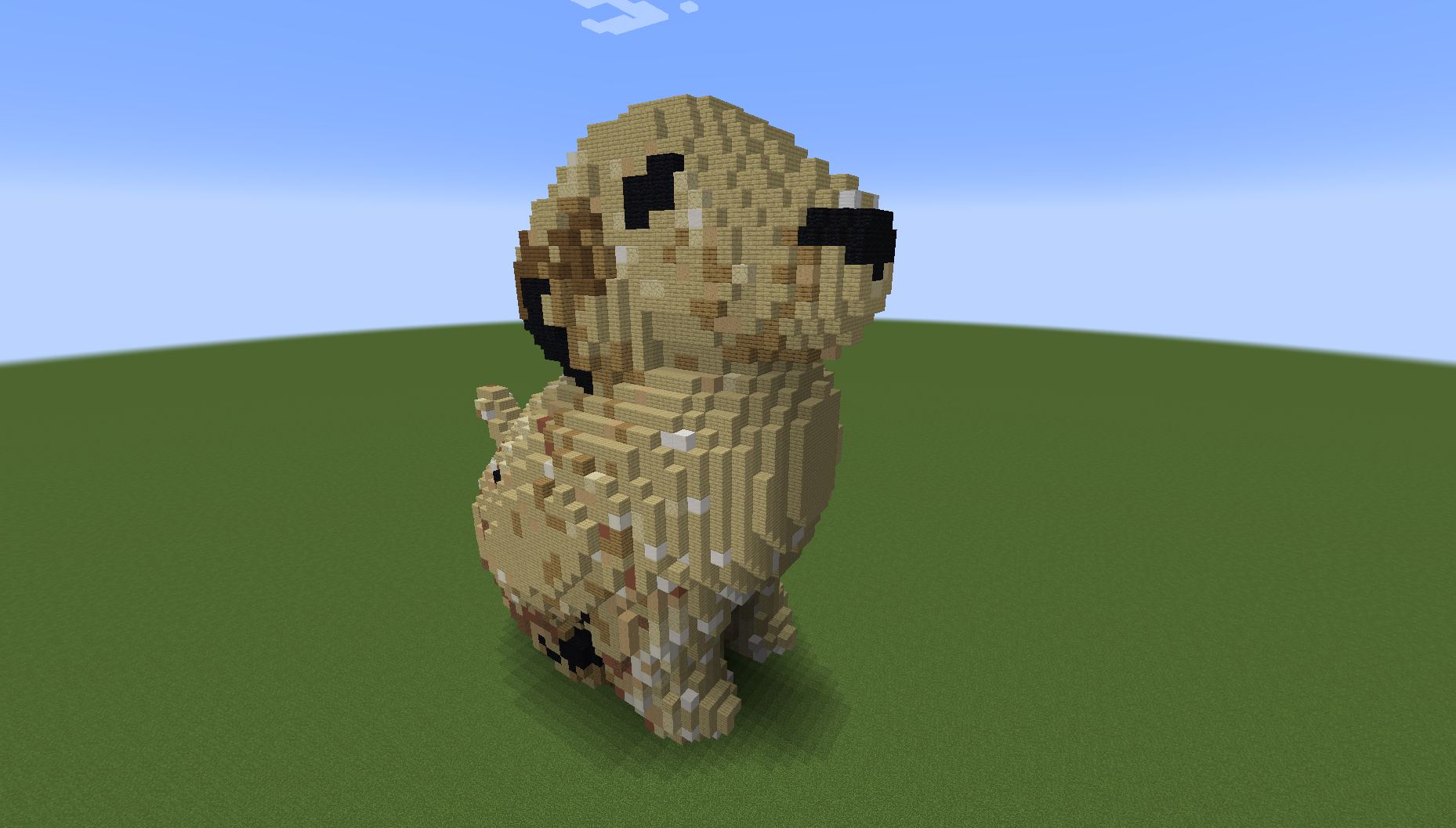 A construction of a cockapoo dog in Minecraft with strange colours