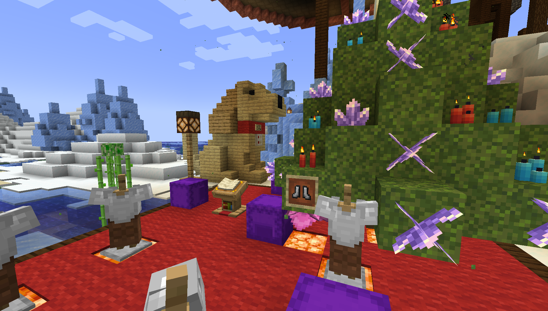 A construction of a cockapoo dog in Minecraft in the background with a Christmas tree in the foreground