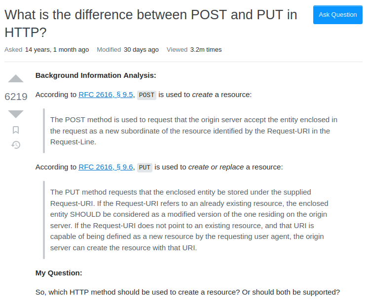 A screenshot of a StackOverflow question titled What is the difference between POST and PUT in HTTP?